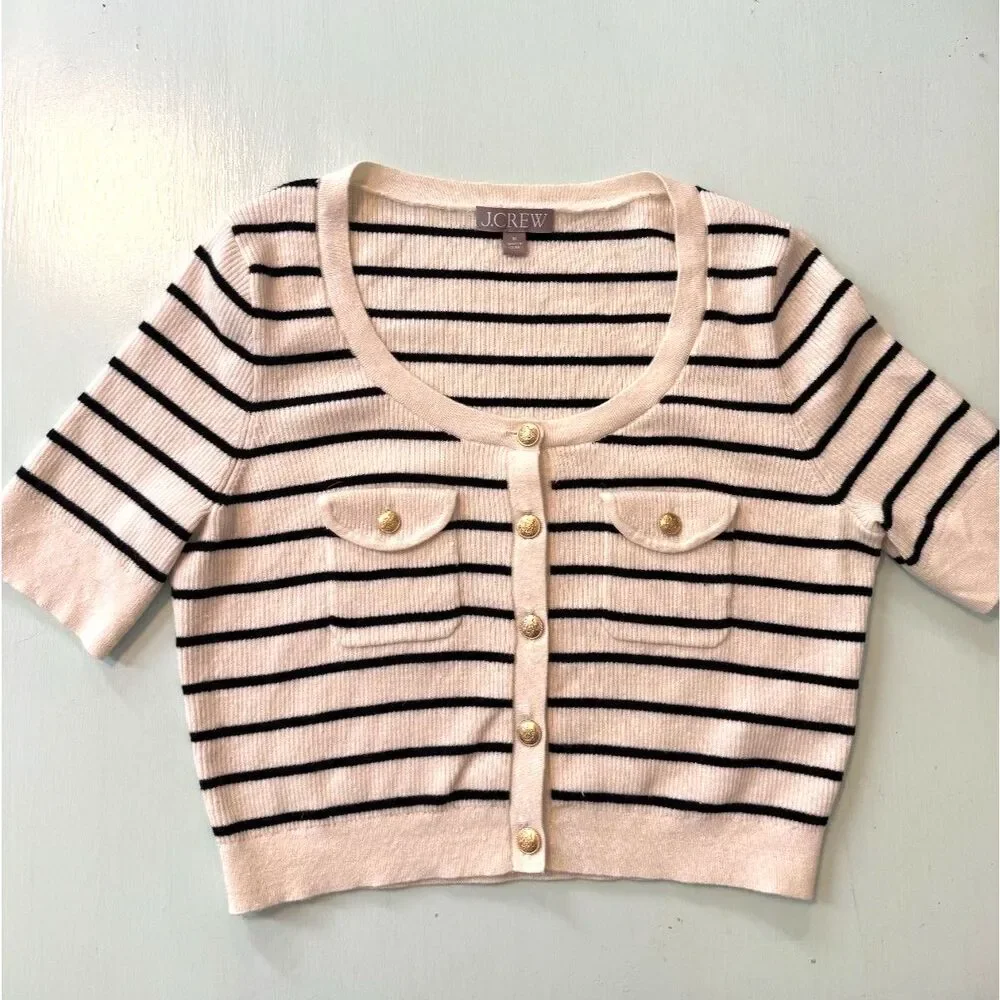 J.Crew Button-Up Sweater Tee Ivory Black Stripe Wool Linen Gold Buttons M